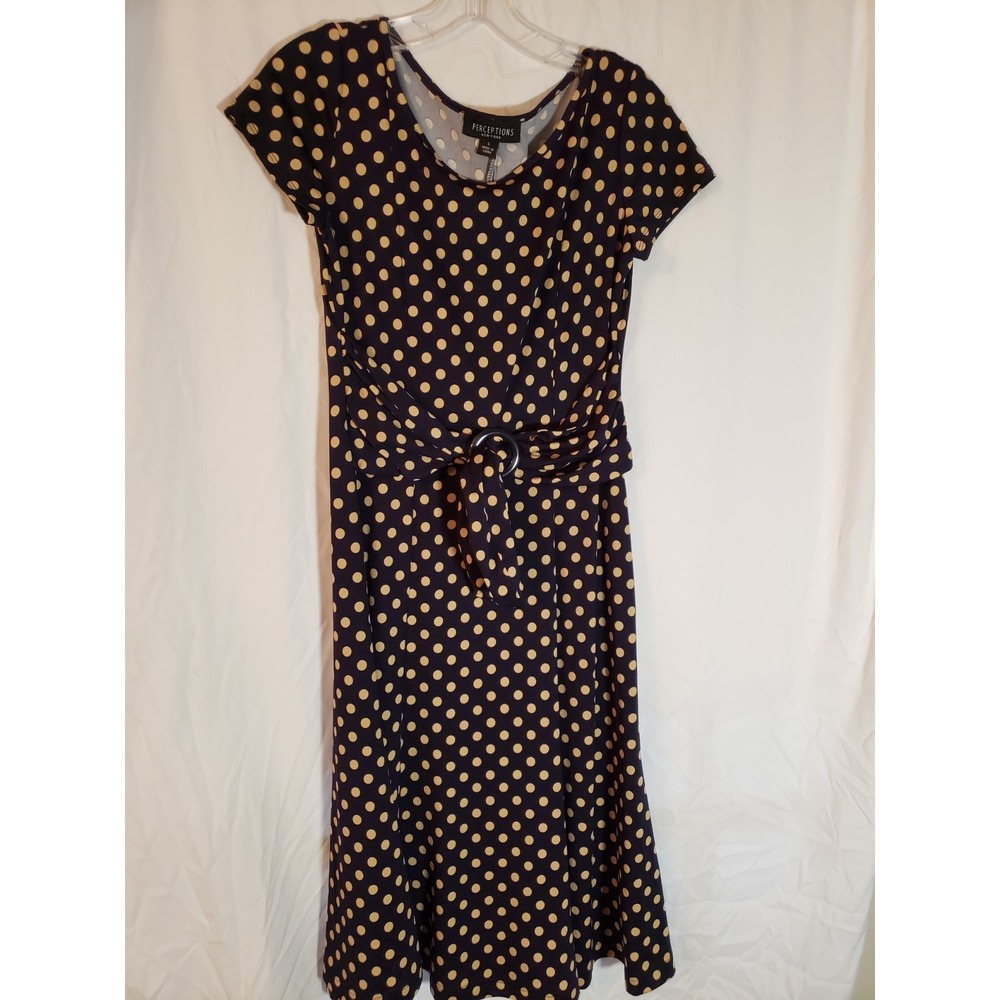 Women's Perceptions Navy With Gold Polka Dot Short Sleeve Dress Size S